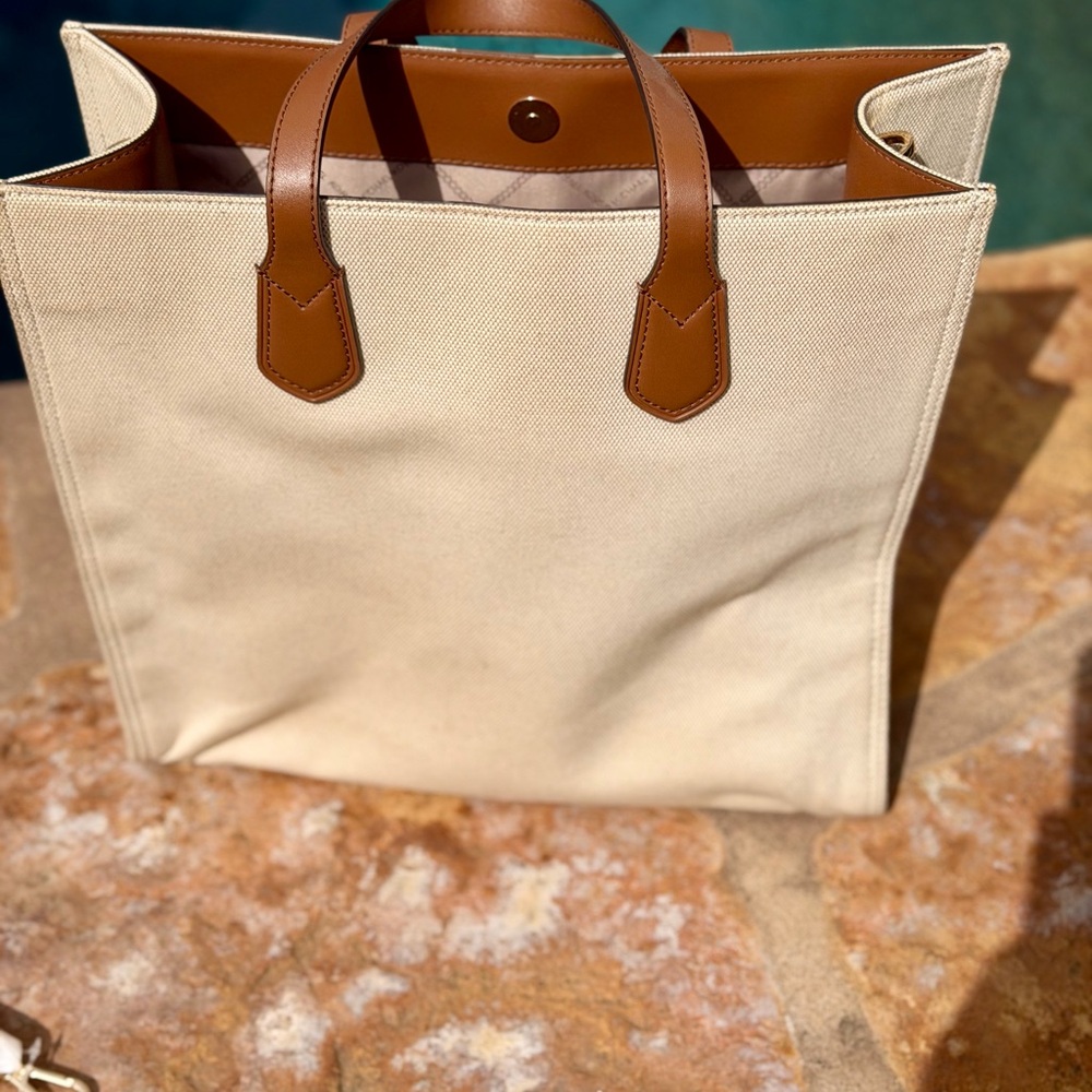 Michael Kors Beige Canvas Tote with Brown Leather Trim - Picture 2 of 7